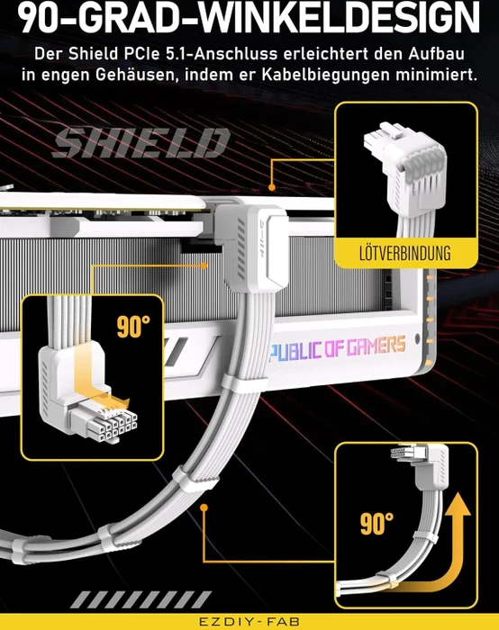 EZDIY-FAB 12V-2x6 Kabel, Shield, 16-Pin PCIe Verlängerungskabel, 1x 16-Pin PCIe 5.1 Buchse auf 16-Pin PCIe 5.1 Stecker, Variante Reverse, Sense-Pins an der Oberseite, 16AWG, weiß, 90° gewinkelt