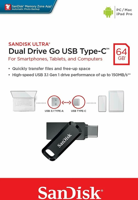 SanDisk Ultra Dual Drive Go USB Type-C 64GB schwarz, USB-A + USB-C, USB 3.2 Gen 1×1