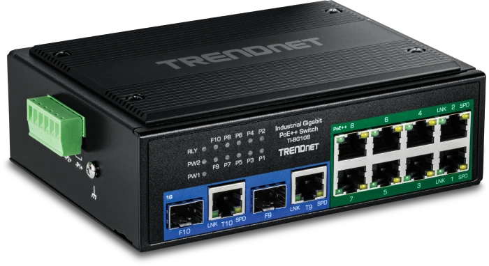TRENDnet TI Hardened Industrial Railmount Gigabit Switch, 8x RJ-45, 2x RJ-45/SFP, 400W PoE++