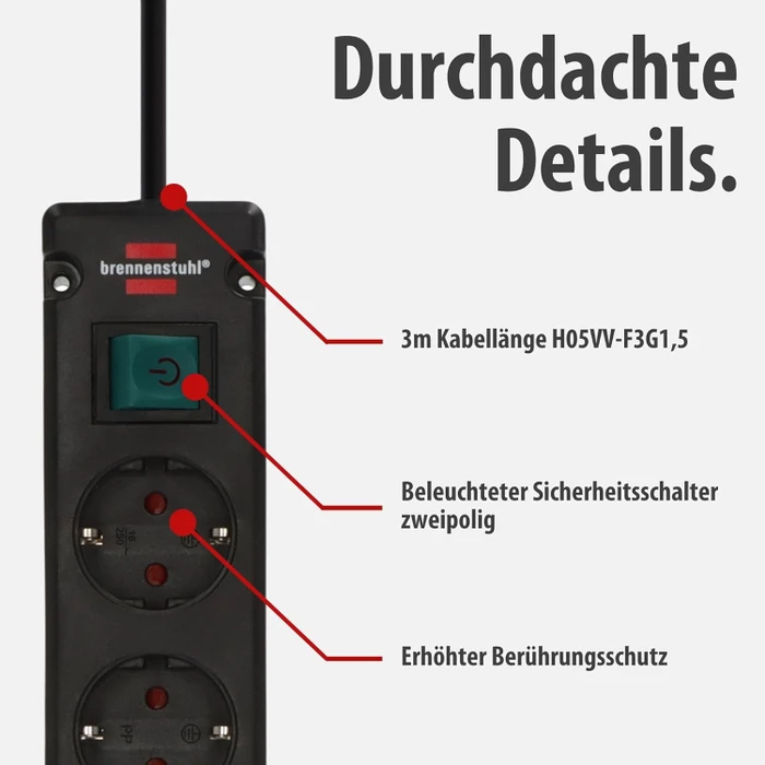 Brennenstuhl Bremounta mit Schalter, 5-fach, mit 2x USB-C, 3m, schwarz