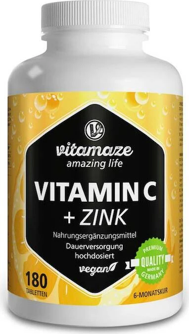 Vitamaze Vitamin C hochdosiert + Zink vegane Tabletten, 180 Stück