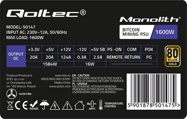Qoltec ATX Power Supply 1600W, ATX