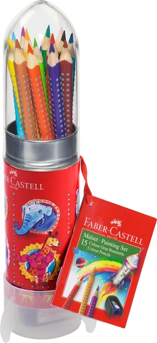 Faber-Castell Colour Grip Malset Rackete Buntstift sortiert, Aufbewahrungsdose, Anspitzer, 16er-Set
