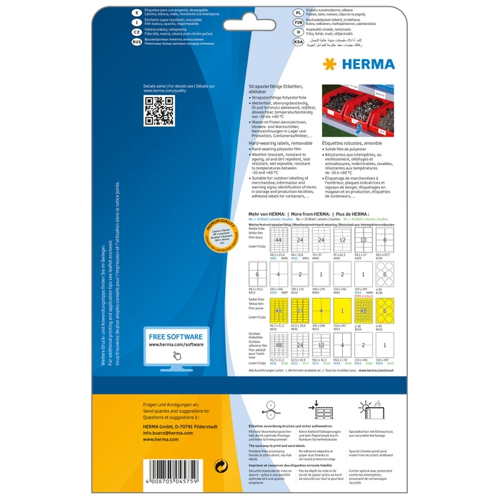 Herma Folienetiketten, 99.1x67.7mm, ablösbar, wetterfest, weiß, matt, 20 Blatt (160 Etiketten)