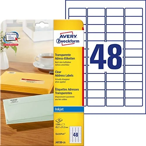 Avery-Zweckform Adressetiketten, 45.7x21.2mm, weiß/transparent, 25 Blatt (1200 Etiketten)