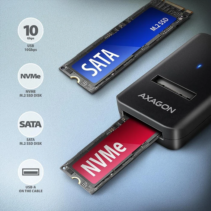 Axagon ADM2-AM USB-A 10Gbps - M.2 NVMe & SATA SSD Adapter, USB-C 3.1