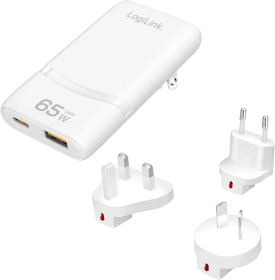 LogiLink Dual-USB GaN-Reiseladegerät 1x USB-C 1x USB-A 65W weiß