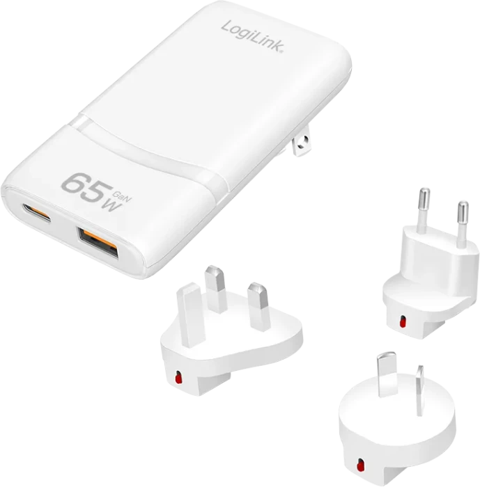 LogiLink Dual-USB GaN-Reiseladegerät 1x USB-C 1x USB-A 65W weiß