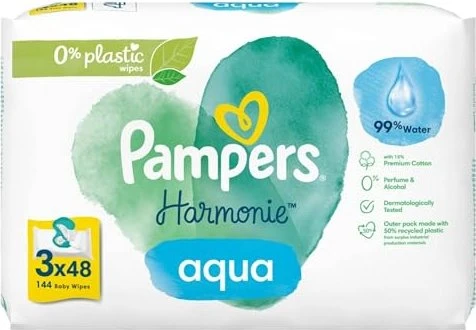Pampers Harmonie Aqua Feuchttücher, 144 Stück (3x 48 Stück)