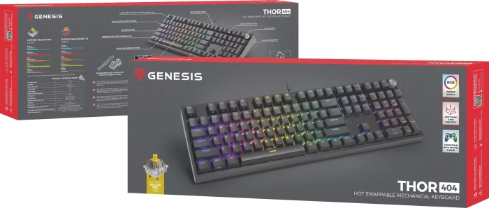 Genesis Thor 404, schwarz, LEDs RGB, hot-swap, Gateron Pro YELLOW, USB, US