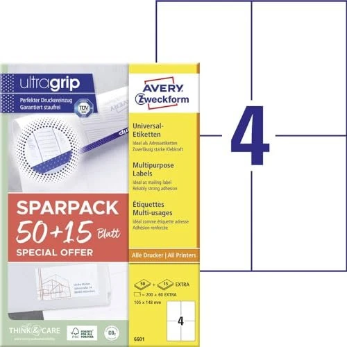 Avery-Zweckform Etiketten Universal, A6, weiß, 65 Blatt (260 Etiketten)