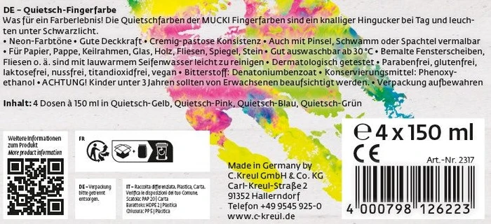 Kreul Mucki Quietsch-Fingerfarbe Set 4 Stück 150ml