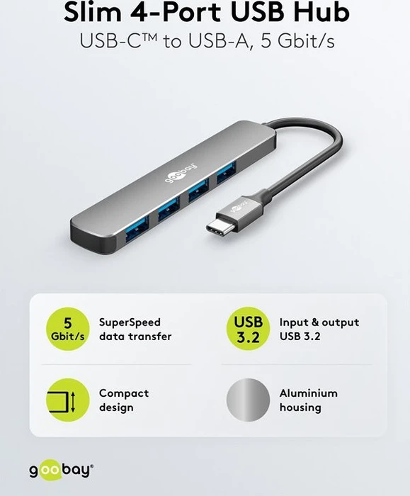 Wentronic goobay Slim 4-Port USB-Hub, 4x USB-A 3.0, USB-C 3.0 [Stecker]