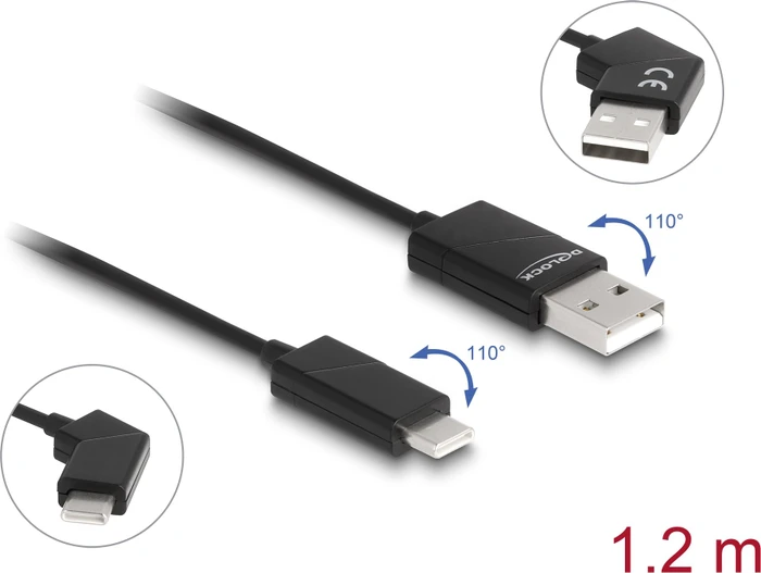 DeLOCK Adapterkabel, USB 2.0, 480Mb/s, 60W QC 3.0, USB-C [Stecker] auf USB-A [Stecker], Stecker drehbar, schwarz, 1.2m