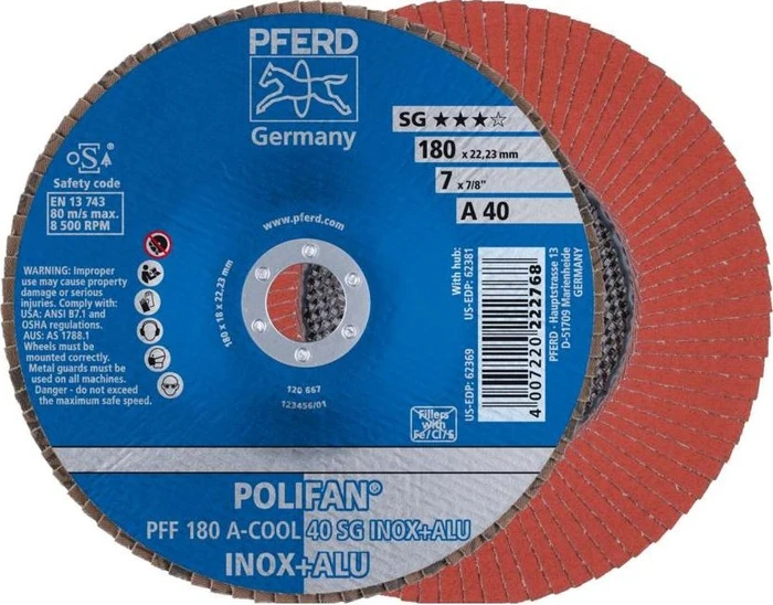 Pferd PFF 180 A-COOL 40 SG INOX+ALU POLIFAN Fächerschleifscheibe K40, 180x22.23mm, 10 Stück