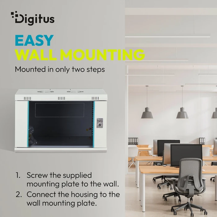 Digitus Dynamic-N Serie 19" Wandgehäuse 9HE, unmontiert, Sicherheitsglastür, IP2X, RAL 7035, 600mm tief
