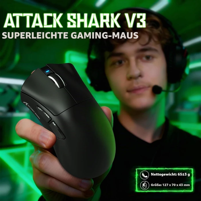 Attack Shark V3 Tri-mode Wireless Gaming Mouse, schwarz, USB/Bluetooth