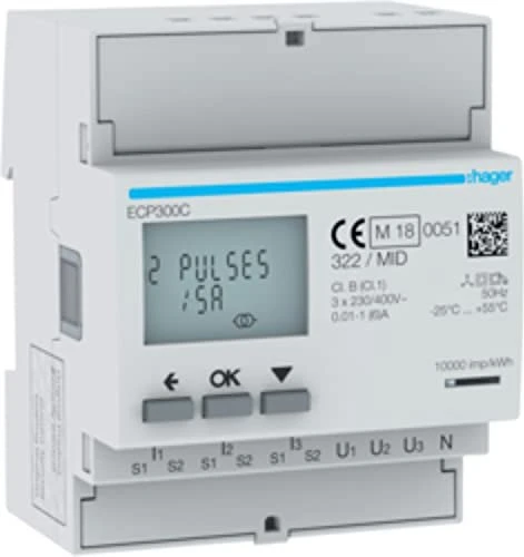 Hager Energiezähler 3phasig für Wandlerverhältnis 1A oder 5A, S0, MID