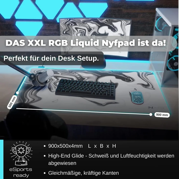 Nyfter Nyfpad RGB Liquid XXL Premium Gaming Mousepad, 900x500mm, Design schwarz/weiß