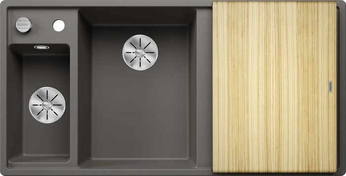 Blanco Axia III 6 S InFino Becken links mit Ablauffernbedienung vulkangrau inkl. Holzschneidebrett
