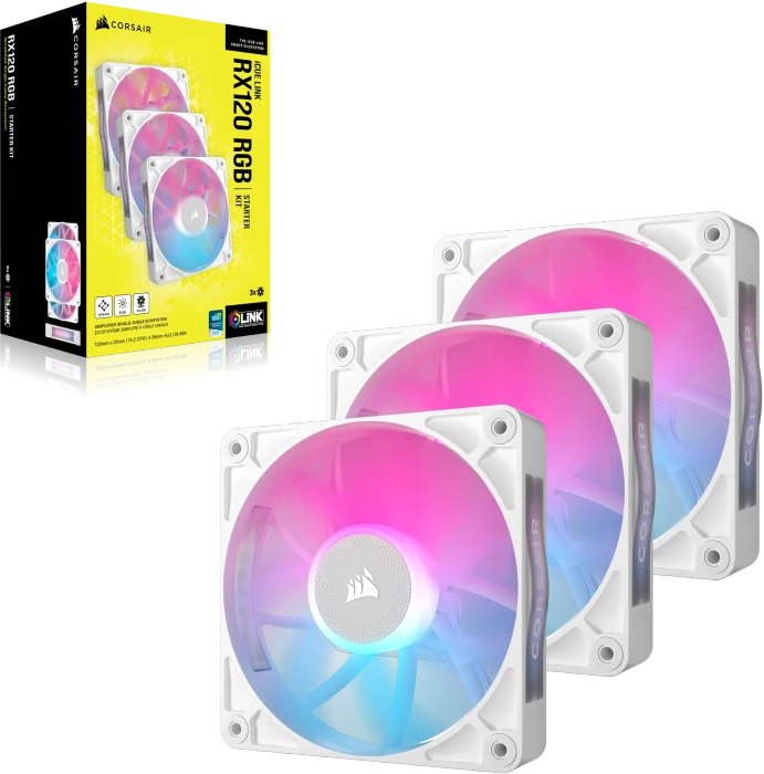 Corsair iCUE LINK RX120 RGB Starter Kit, weiß, LED-Steuerung, 120mm, 3er-Pack