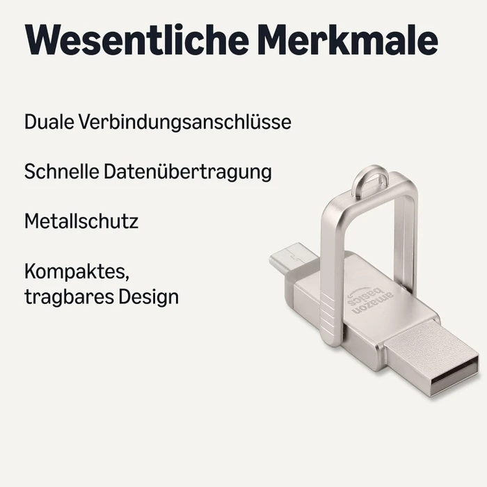 AmazonBasics Dual Thumb Drive Memory Stick 512GB Champagner-Silber, USB-A + USB-C, USB 3.2 Gen 1×1