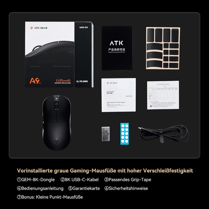 ATK Dragonfly A9 Ultimate+ 8KHz Wireless Gaming Maus, schwarz, USB