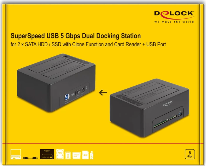 DeLOCK USB Dual Dockingstation mit Klon Funktion und Card Reader, SATA 6Gb/s, USB-B 3.0 [Buchse]