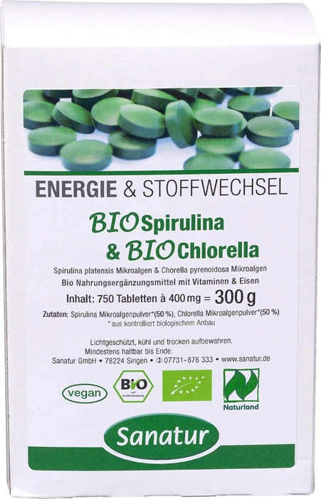 Sanatur Energie & Stoffwechsel Bio Spirulina & Bio Chlorella Tabletten, 750 Stück