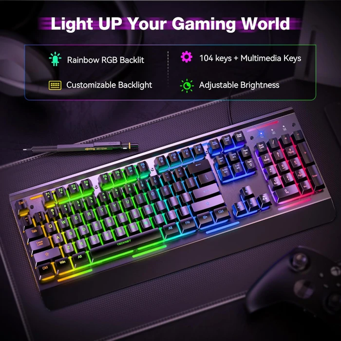 TeckNet RGB Gaming Keyboard, schwarz, LEDs RGB, USB, US