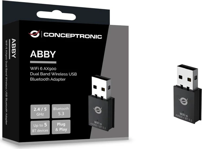 Conceptronic ABBY26B WLAN-Adapter, AX900, 2.4GHz/5GHz WLAN, Bluetooth 5.3, USB-A 2.0 [Stecker]