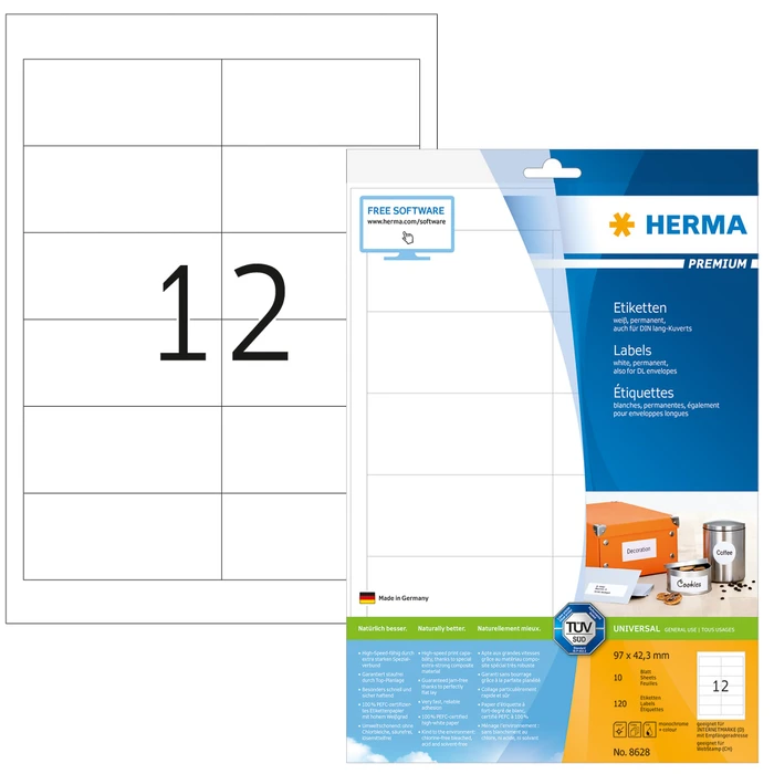 Herma Etiketten Premium, 97x42.3mm, weiß, matt, 10 Blatt (120 Etiketten)