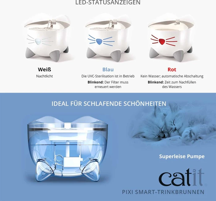 Catit PIXI Smart-Trinkbrunnen, LED-Statusanzeige, Trockenlaufschutz, Edelstahleinsatz, UV-C Wasserfilter, WLAN, 2.5l, weiß