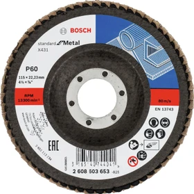 Bosch Professional X431 Standard for Metal Fächerschleifscheibe gewinkelt K60, 115x22.23mm, 1 Stück