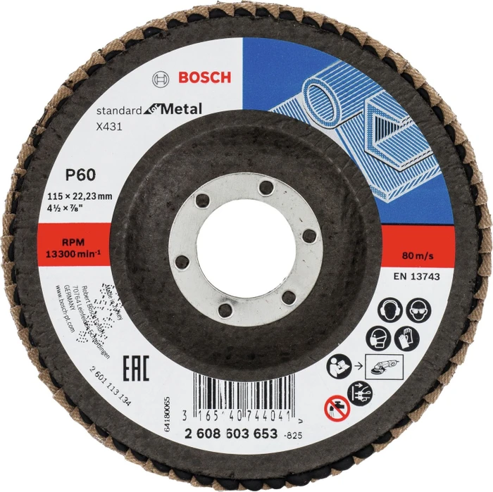 Bosch Professional X431 Standard for Metal Fächerschleifscheibe gewinkelt K60, 115x22.23mm, 1 Stück