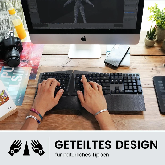 Perixx Periboard-835 Ergo Wireless, schwarz, LEDs RGB, Kailh Choc LOW PROFILE BROWN, USB/Bluetooth, DE