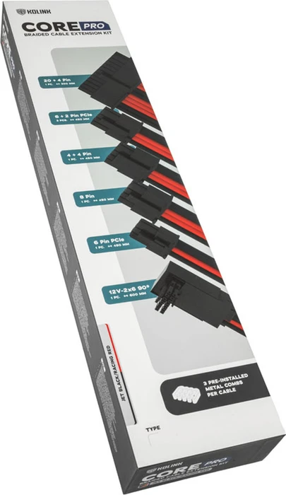 Kolink Core Pro Braided Cable Extension Kit 12V-2x6, Typ 2, Sense-Pins an der Unterseite, Jet Black/Racing Red