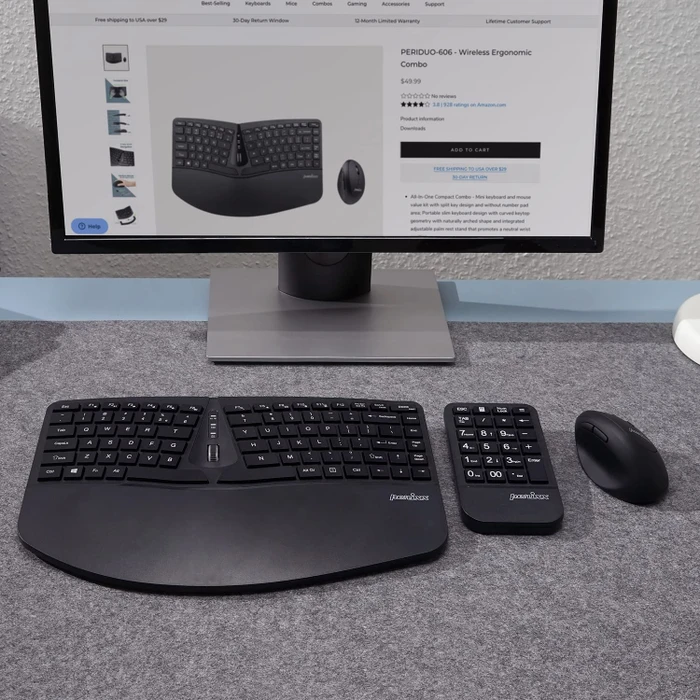 Perixx Periduo 606A 3-in-1 Wireless Compact Ergonomic Keyboard with Vertical Mouse and Numeric Keypad, USB, UK