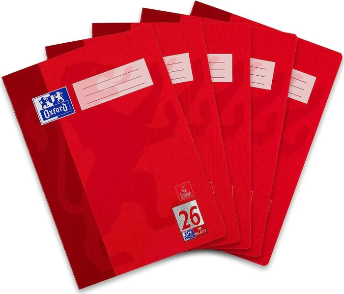Oxford Schulheft, A4, Lineatur 26, rot, 16 Blatt, 5er-Pack