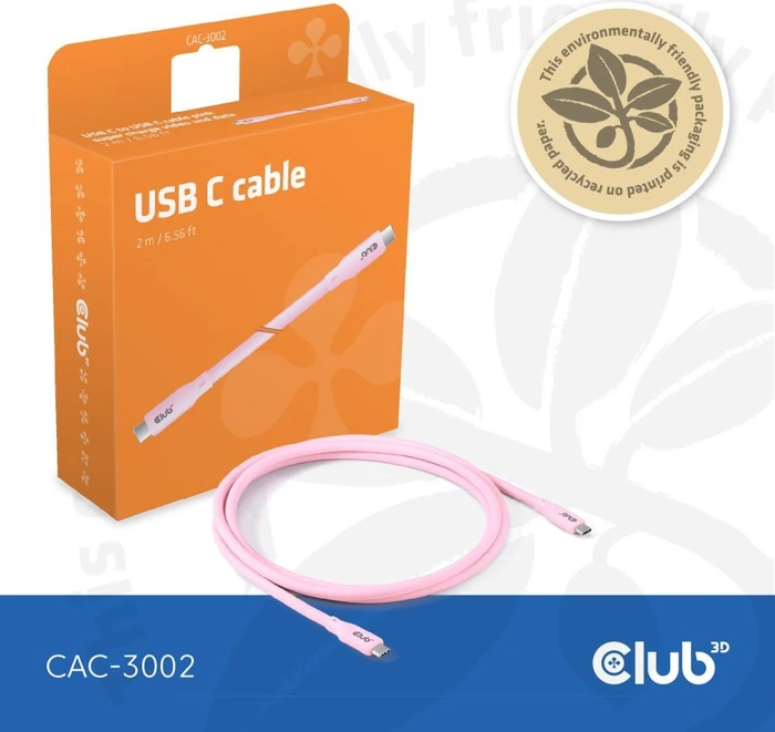 Club 3D USB4 Kabel, 20Gb/s, 240W PD EPR, USB-C Stecker auf USB-C Stecker, 2m, pink
