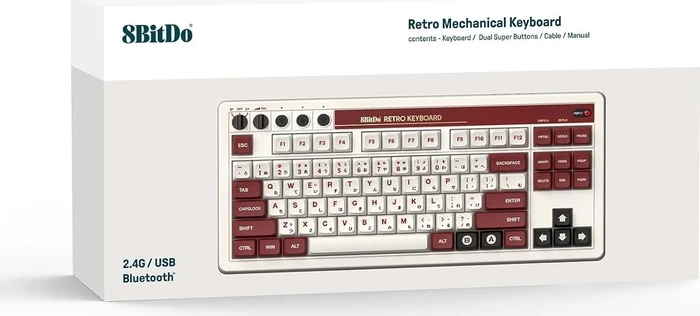 8BitDo Retro Mechanical Keyboard, Fami Edition, weiß/rot, Kailh Box V2 WHITE, USB/Bluetooth, US
