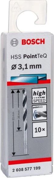 Bosch Professional HSS PointTeQ Spiralbohrer, 3.1x36x65mm, 10 Stück