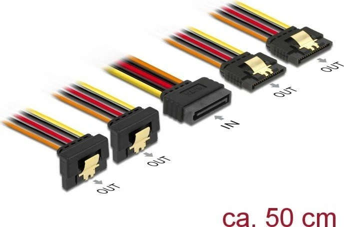 DeLOCK 15-Pin SATA Strom Stecker auf 4x 15-Pin SATA Strom Buchse, Adapterkabel, 2x gewinkelt, 50cm