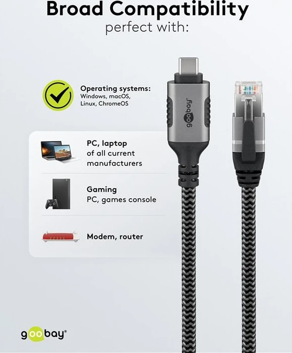 goobay CAT6 U/FTP 2m Ethernet-Kabel LAN-Adapter, RJ-45, USB-C 3.0 [Stecker]