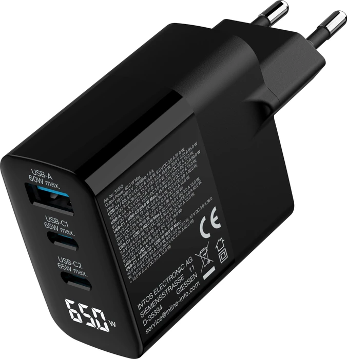 InLine 3-Port GaN Netzteil, USB-C/USB-A, 2x USB-C + 1x USB-A, 65W, schwarz