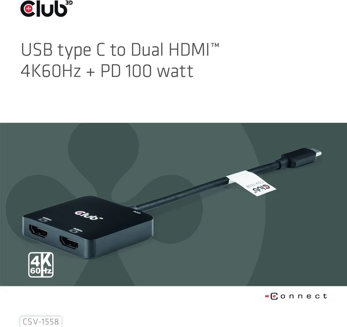 Club 3D USB-C [Stecker] auf 2x HDMI [Buchse], USB PD 100W