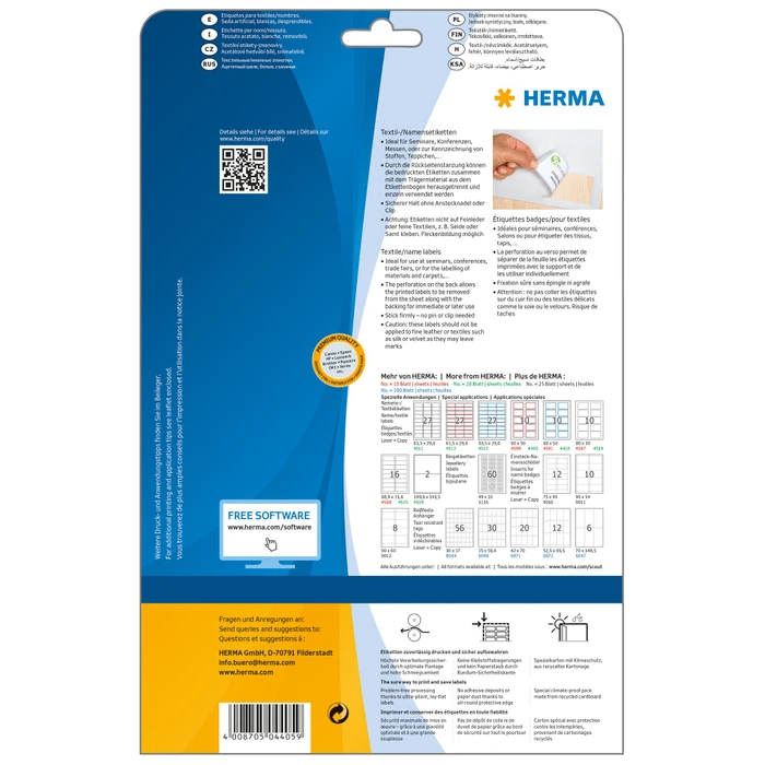 Herma Namensetiketten Acetatseide, 80x50mm, ablösbar, weiß/rot, 20 Blatt (200 Etiketten)
