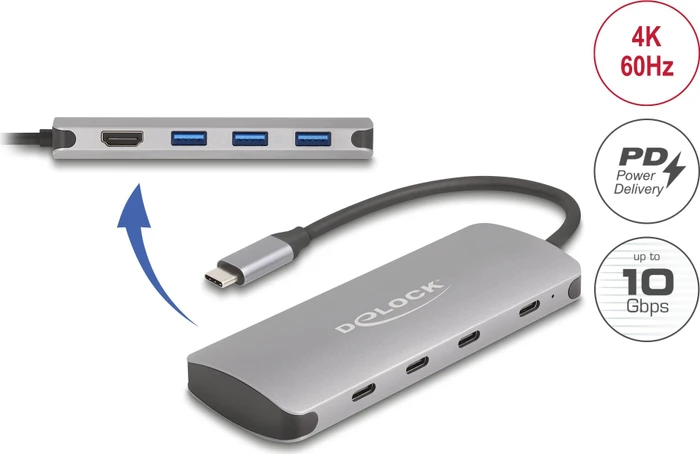 DeLOCK 7 Port USB Hub mit HDMI und USB PD, USB-C 3.1 [Stecker]