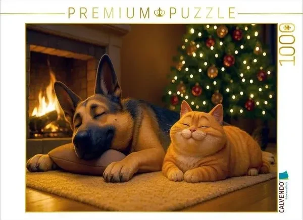 Calvendo Weihnachtsentspannung - Schäferhund und Katze am Kamin