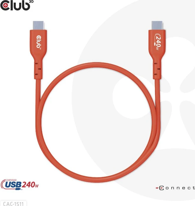 Club 3D USB-C 2.0 Kabel, 480Mb/s, 240W PD EPR, USB-C 2.0 Stecker auf USB-C 2.0 Stecker, 1m